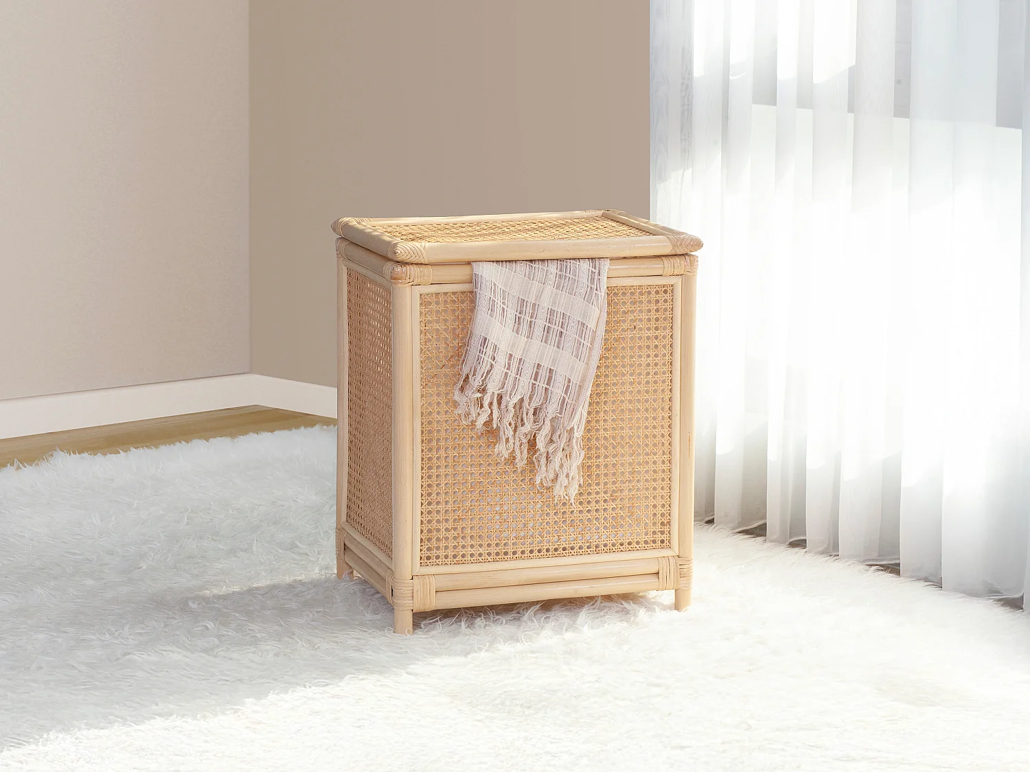 Panier à linge en rotin finition cannage avec couvercle - L. 45 x P. 33 x H. 56 cm - Naturel - CALYMA