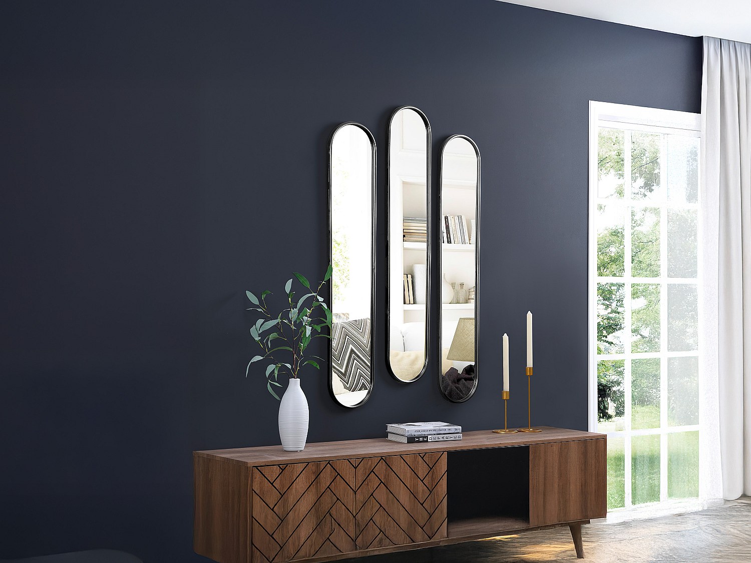 3er-Set Spiegel oval - 23 x 120 cm - Metall - Schwarz - JAYLEN günstig online kaufen