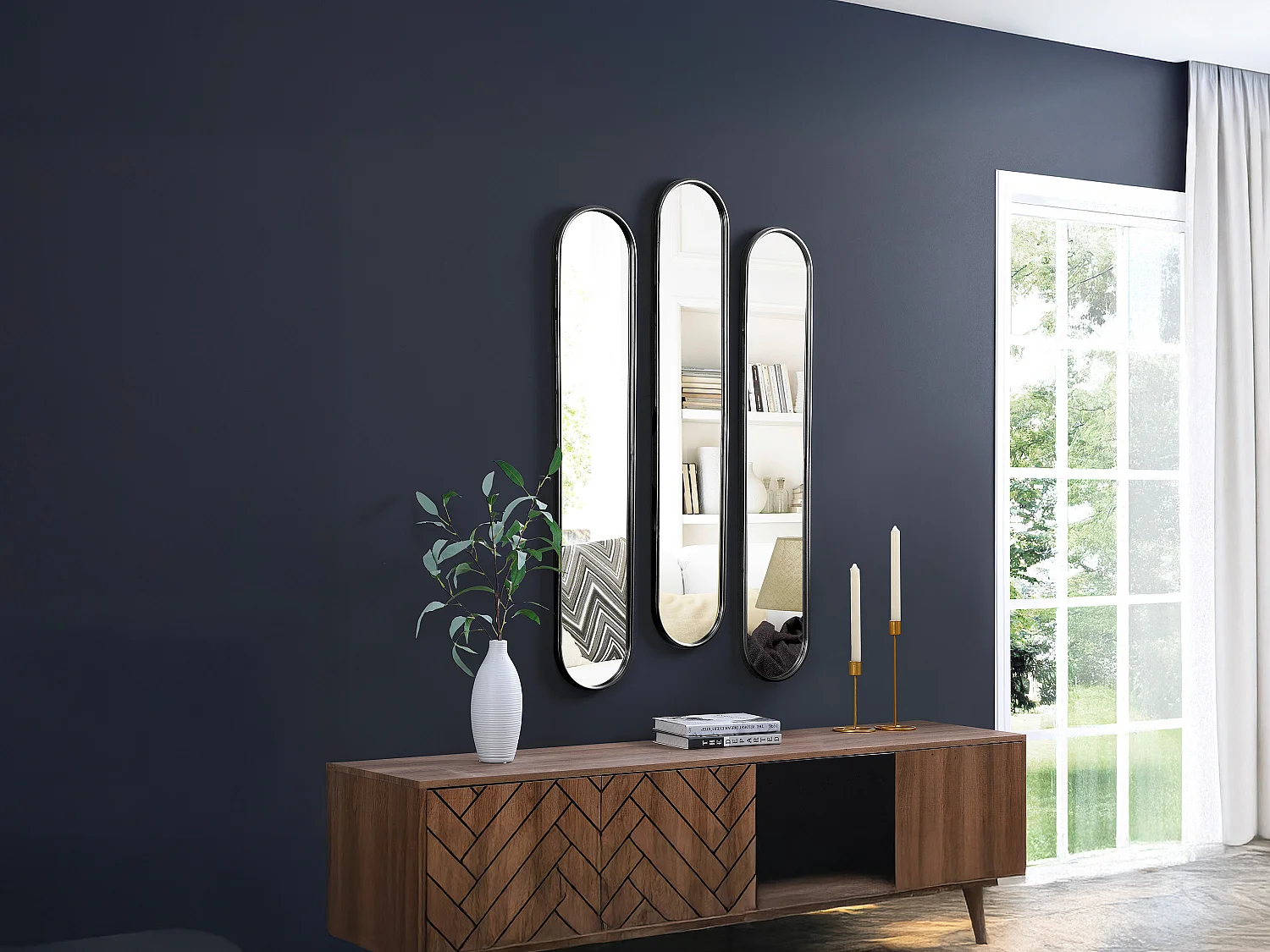 Set med 3 ovala metallspeglar - L.23 x H.120 cm - Svart - JAYLEN