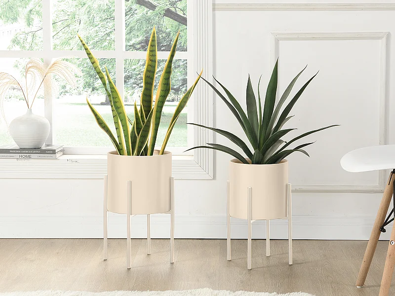 Lot de 2 cache-pots sur pied en métal - D. 25 x H. 39 et D. 23 x H. 35.5 - Beige - EDMEE