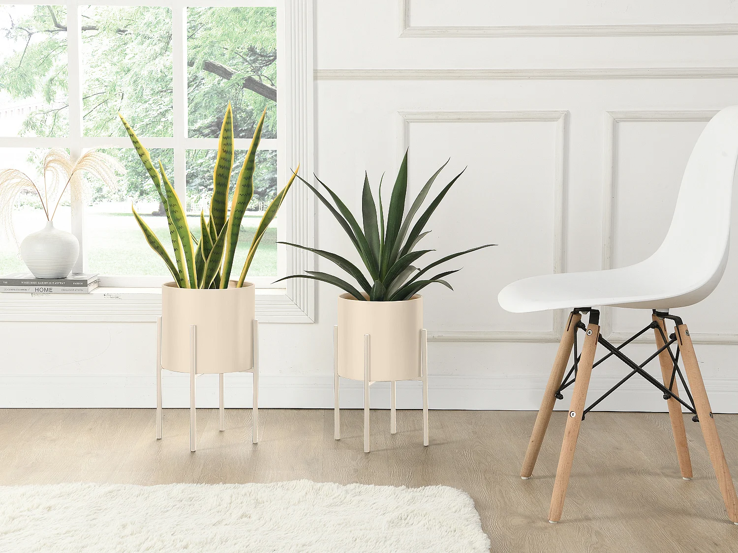 Lot de 2 cache-pots sur pied en métal - D. 25 x H. 39 et D. 23 x H. 35.5 - Beige - EDMEE