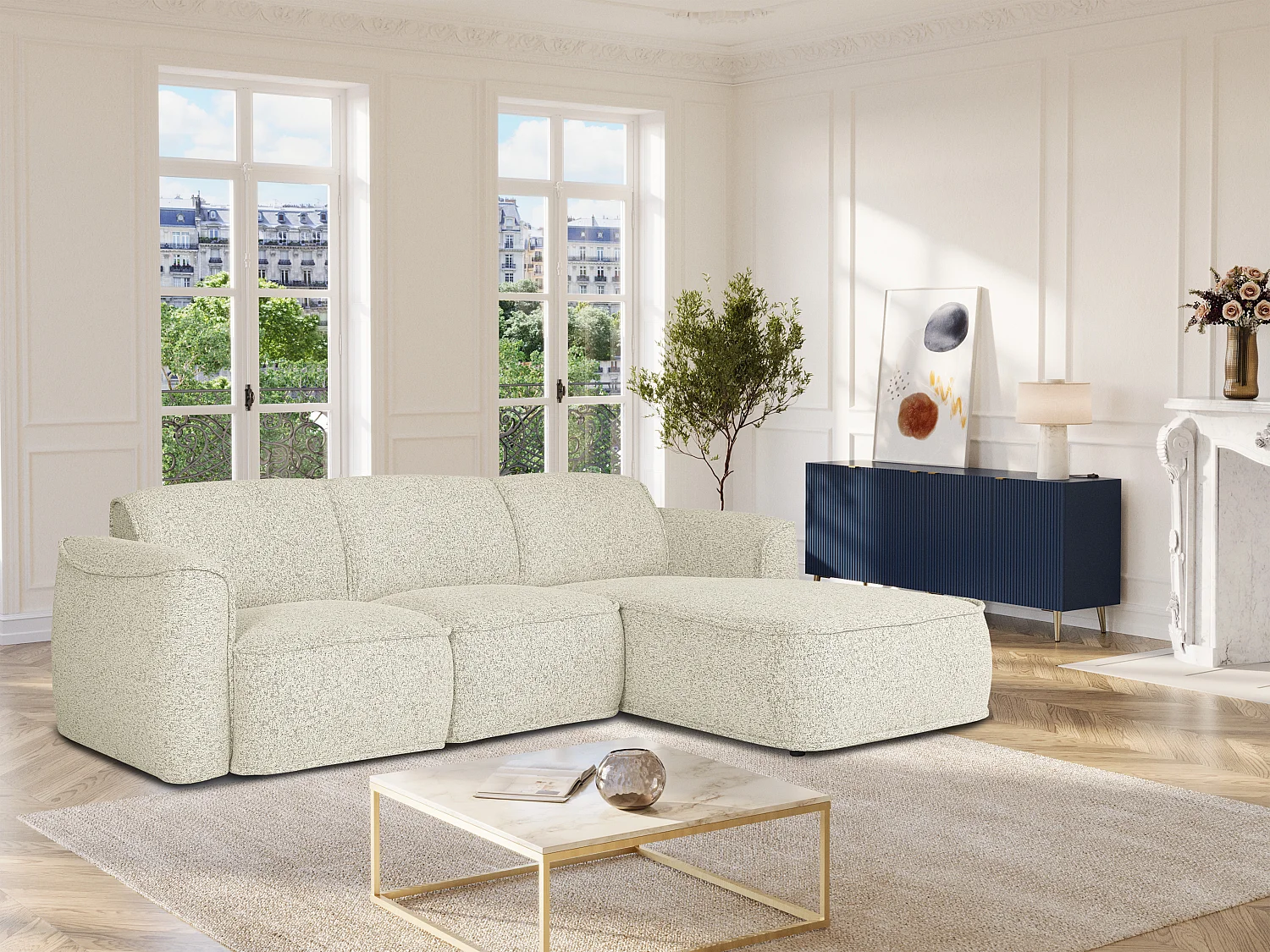 Canapé d'angle droit en tissu chiné beige DIOMARO