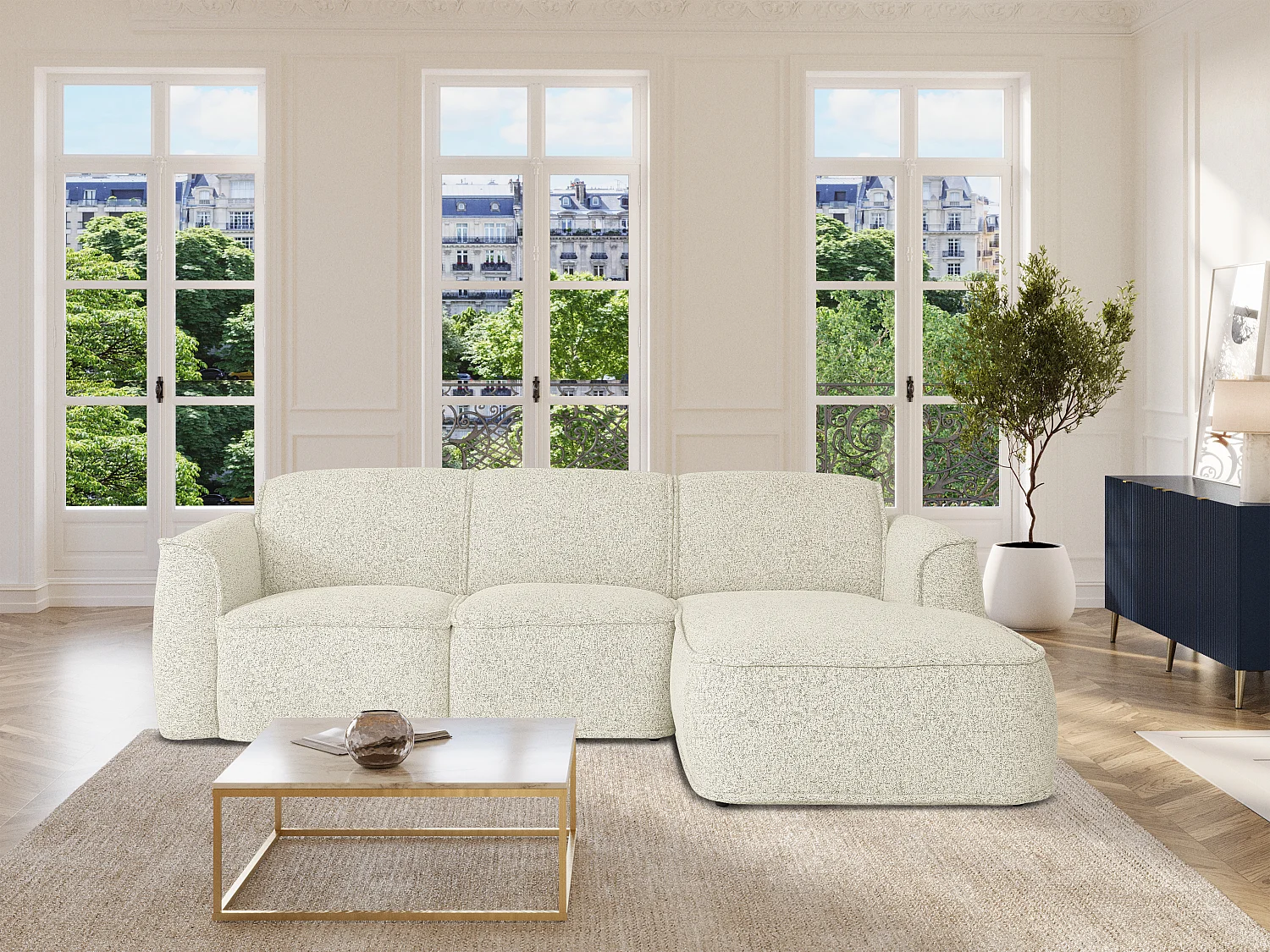 Canapé d'angle droit en tissu chiné beige DIOMARO