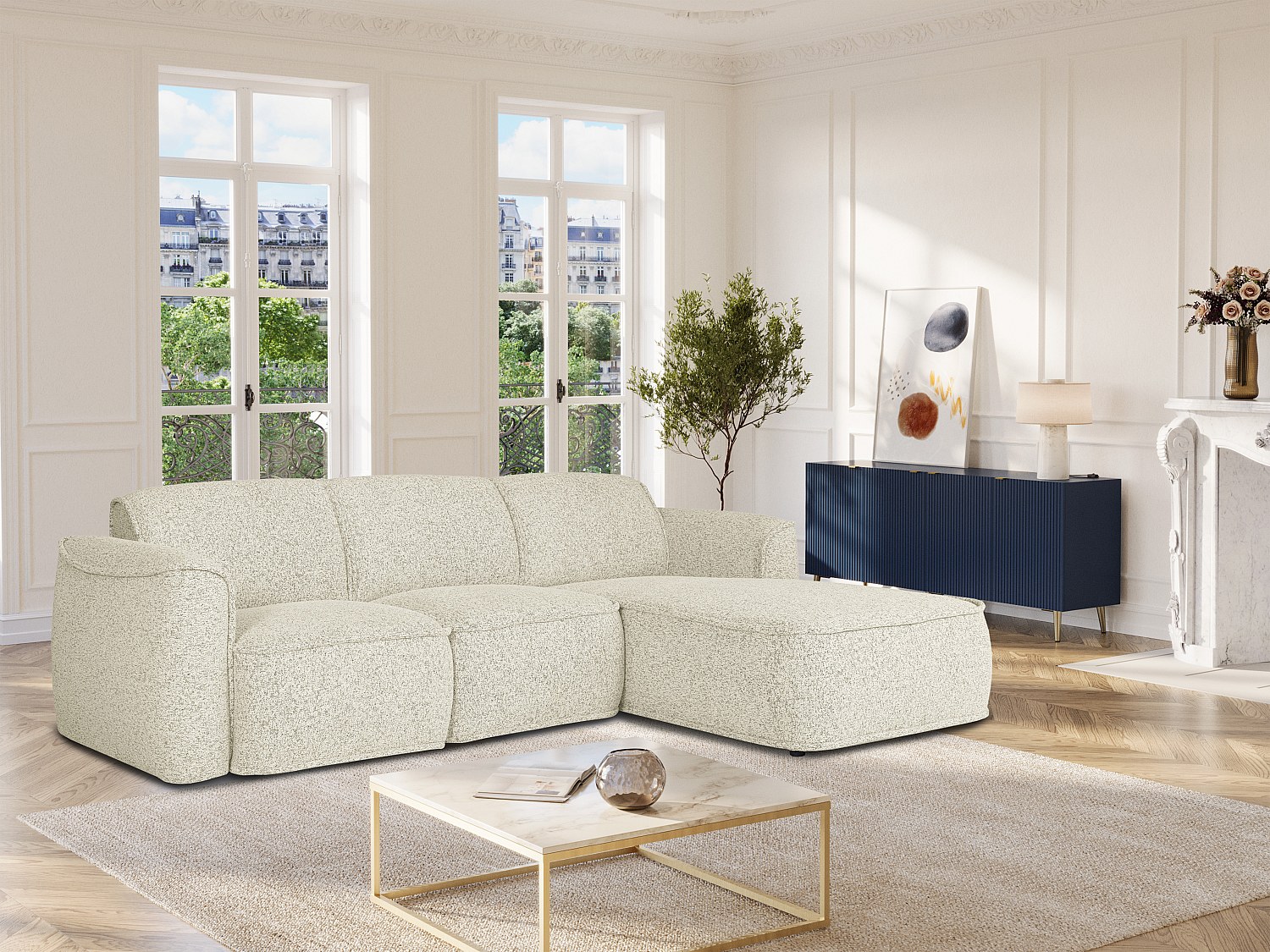 Vente-unique Ecksofa - Ecke Rechts - Melierter Stoff - Beige - Diomaro