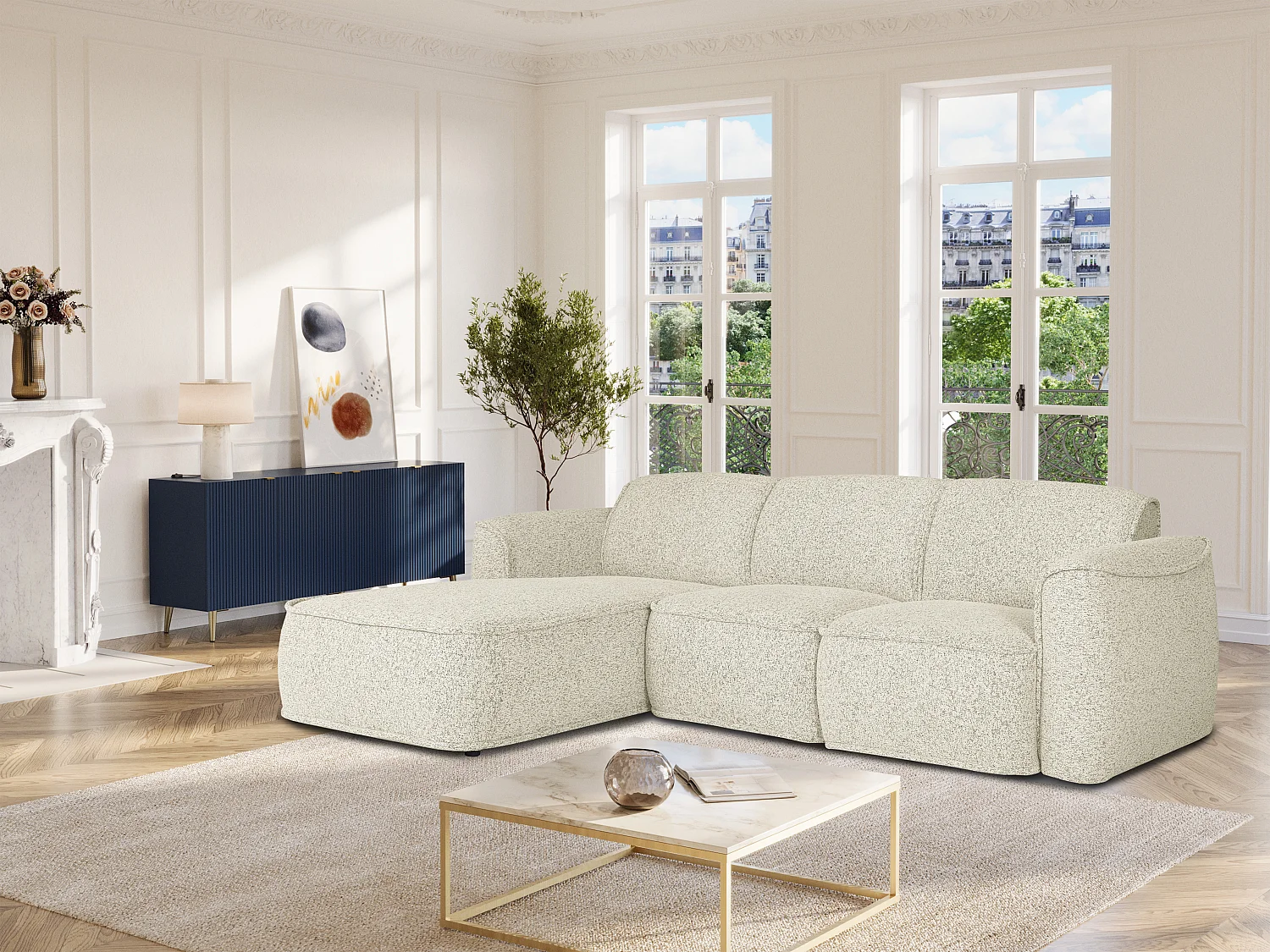 Sofá rinconera izquierda de tela beige jaspeado DIOMARO