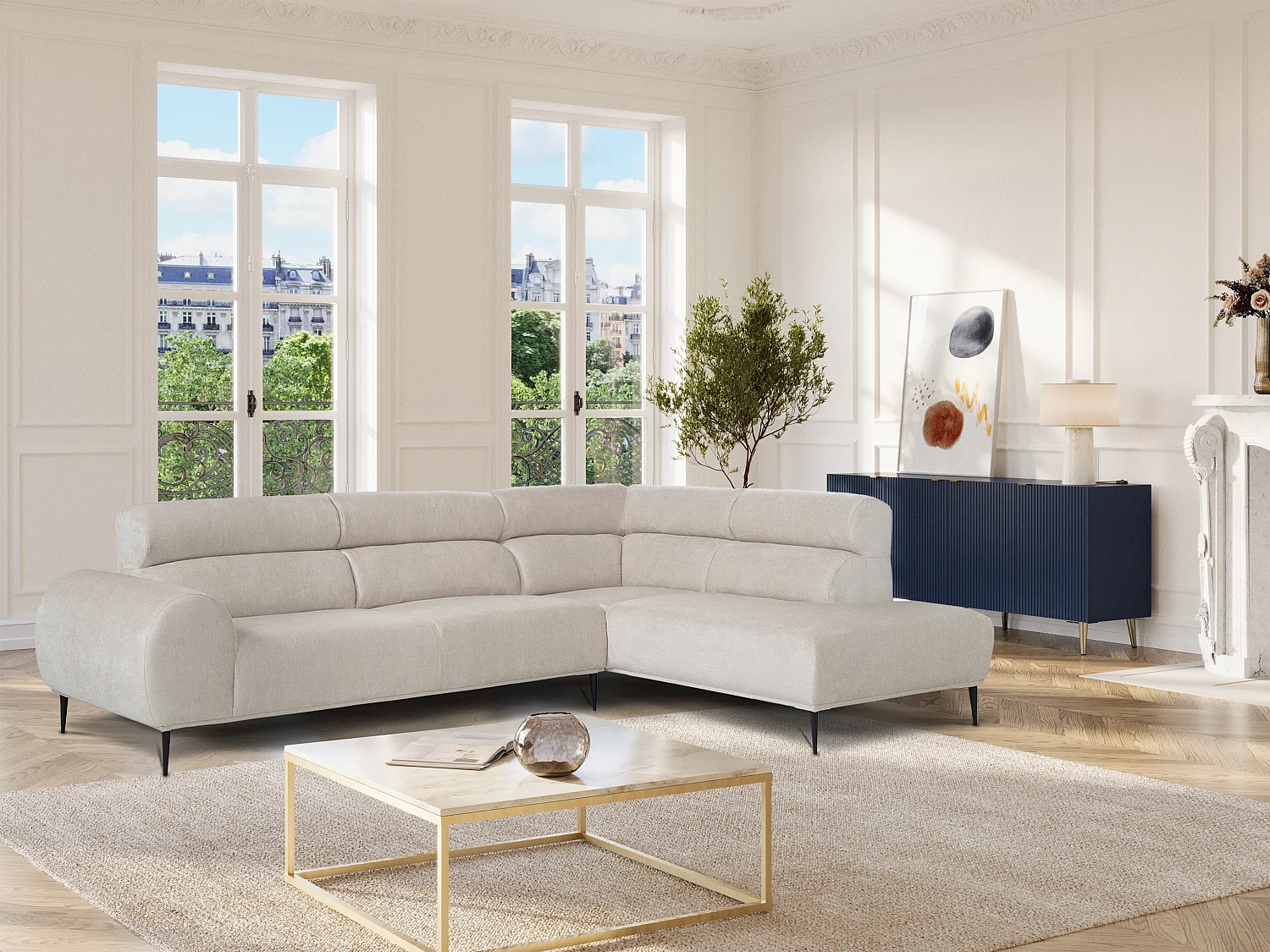 Højrevendt hjørnesofa i beige chenille-stof, model: MALIADA - højre sofa i 5 personers