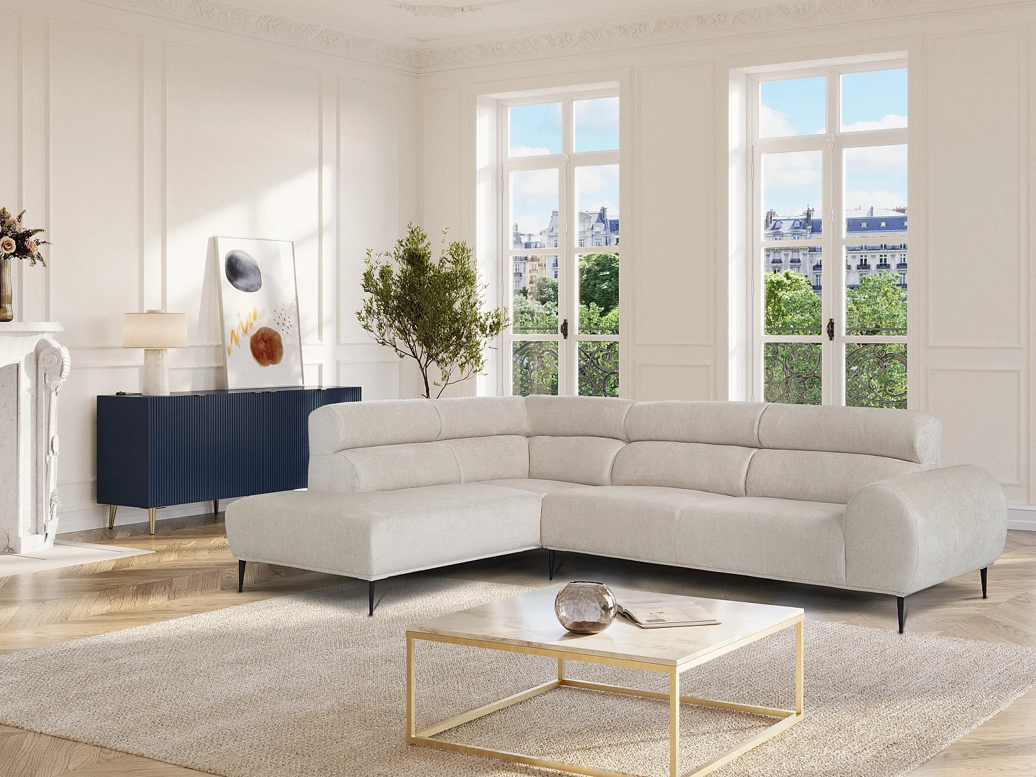 Canapé d'angle gauche en tissu chenille beige MALIADA