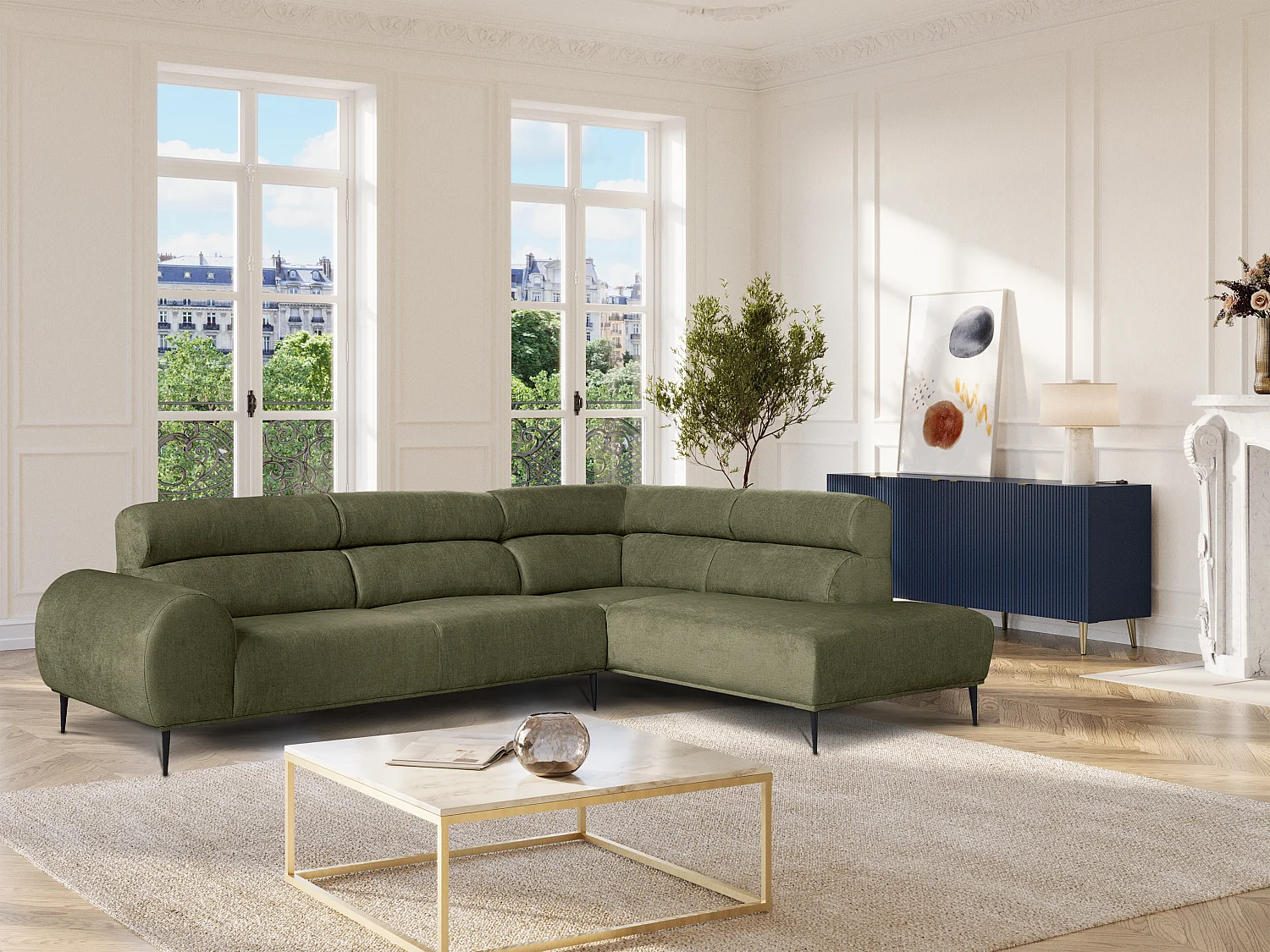 Canapé d'angle droit en tissu chenille vert kaki MALIADA