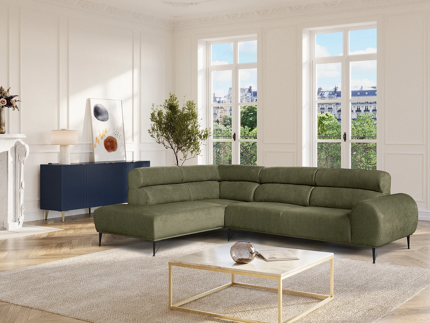 Canapé d'angle gauche en tissu chenille vert kaki MALIADA