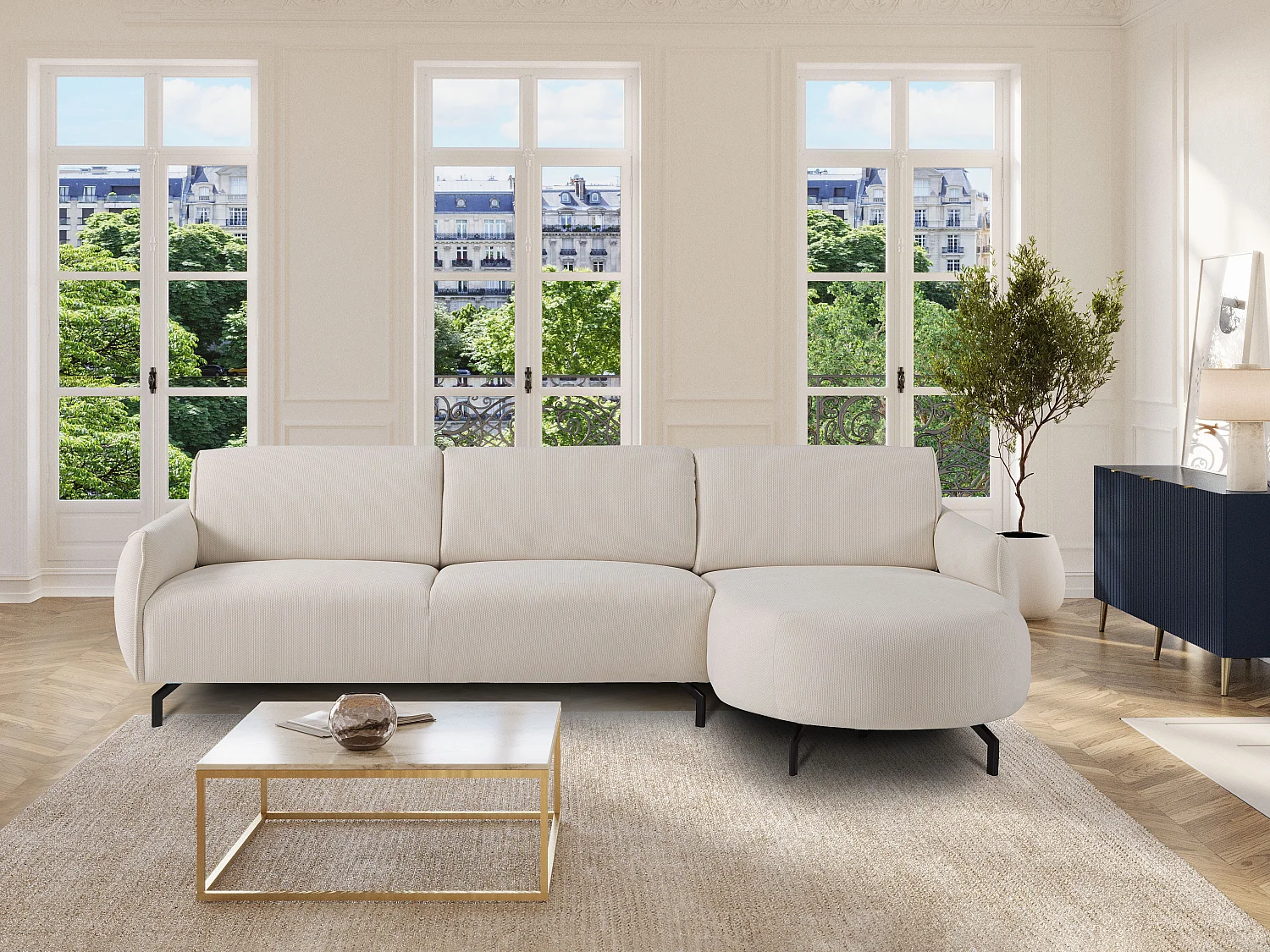 Høyre hjørnesofa i beige stoff FERIONA