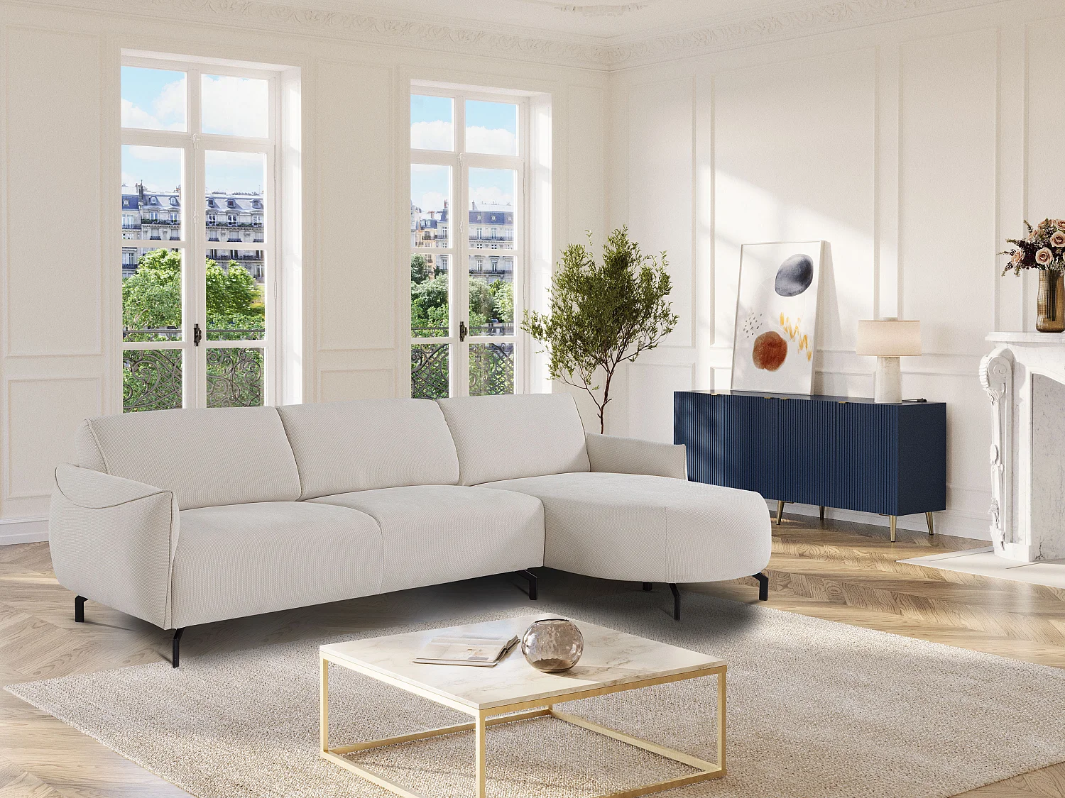 Høyre hjørnesofa i beige stoff FERIONA