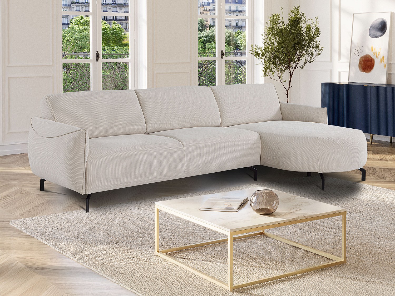 Høyre hjørnesofa i beige stoff FERIONA