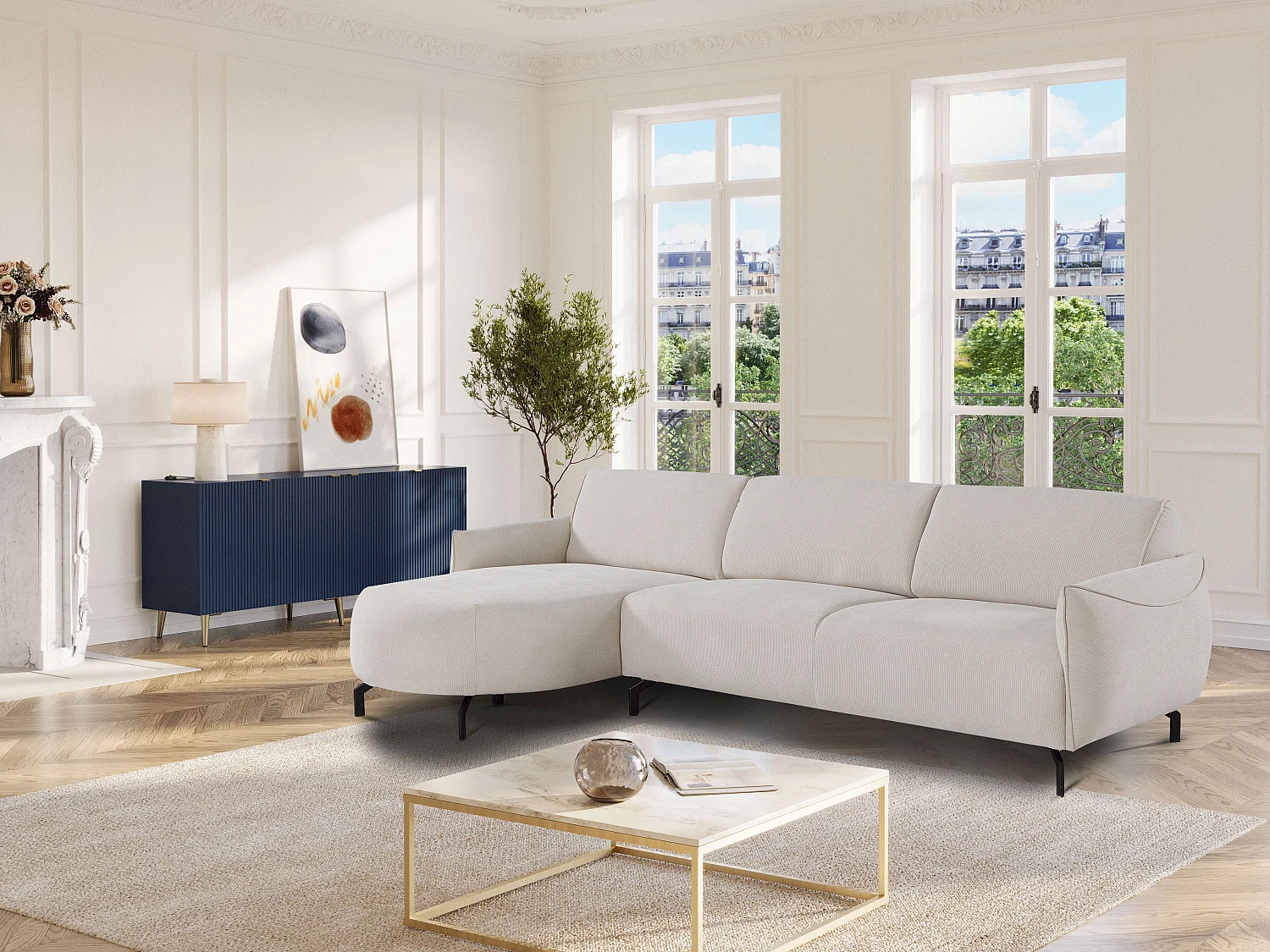 Canapé d'angle gauche en tissu beige FERIONA