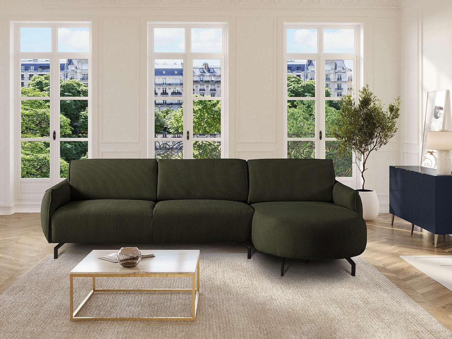 Canapé d'angle droit en tissu vert FERIONA