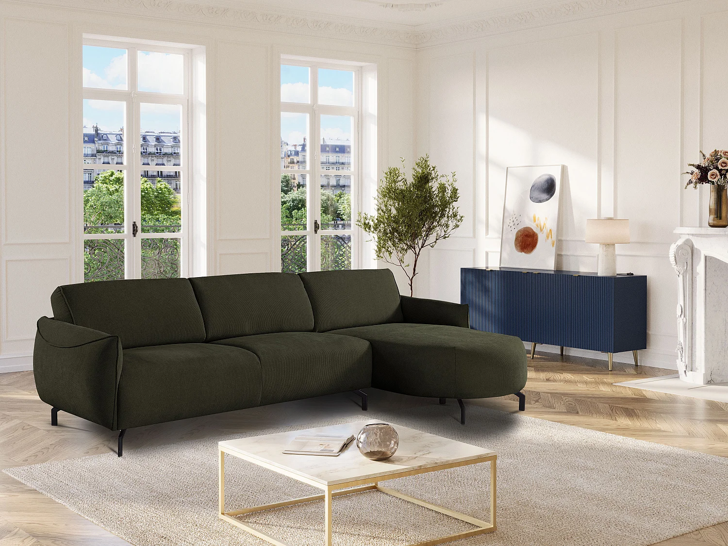 Canapé d'angle droit en tissu vert FERIONA