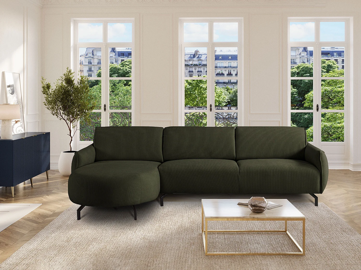 Canapé d'angle gauche en tissu vert FERIONA