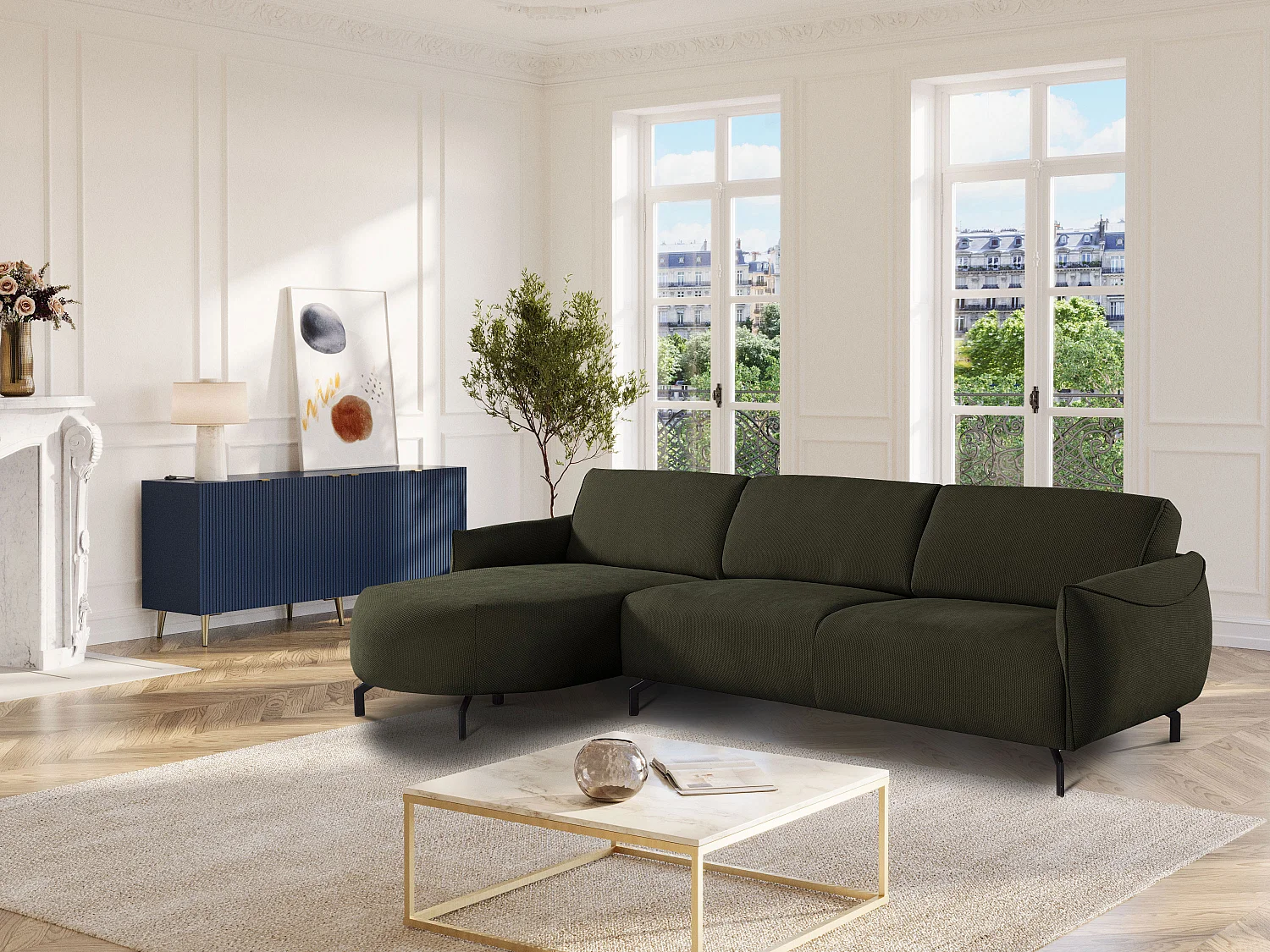 Canapé d'angle gauche en tissu vert FERIONA