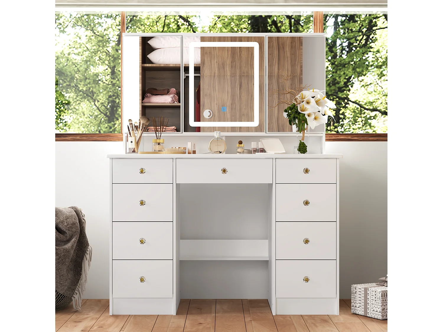 Coiffeuse avec éclairage LED et 3 miroir rectangulaire surdimensionné,Poignée en cristal,50x110x137cm,Blanc