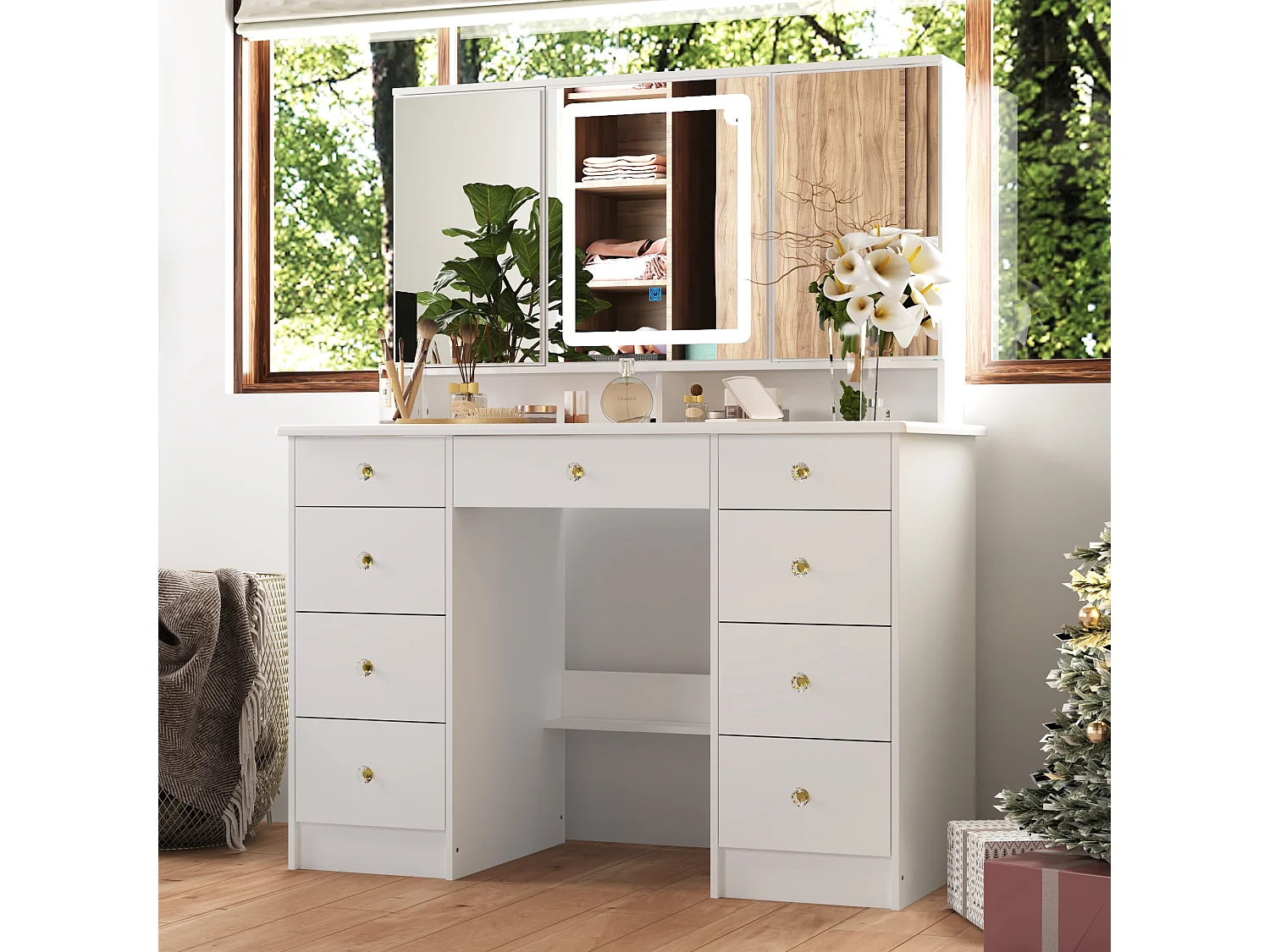 Coiffeuse avec éclairage LED et 3 miroir rectangulaire surdimensionné,Poignée en cristal,50x110x137cm,Blanc