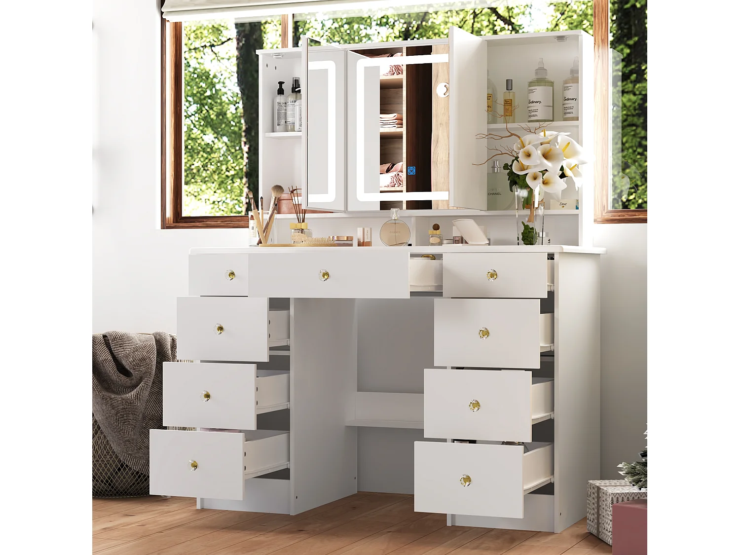 Coiffeuse avec éclairage LED et 3 miroir rectangulaire surdimensionné,Poignée en cristal,50x110x137cm,Blanc