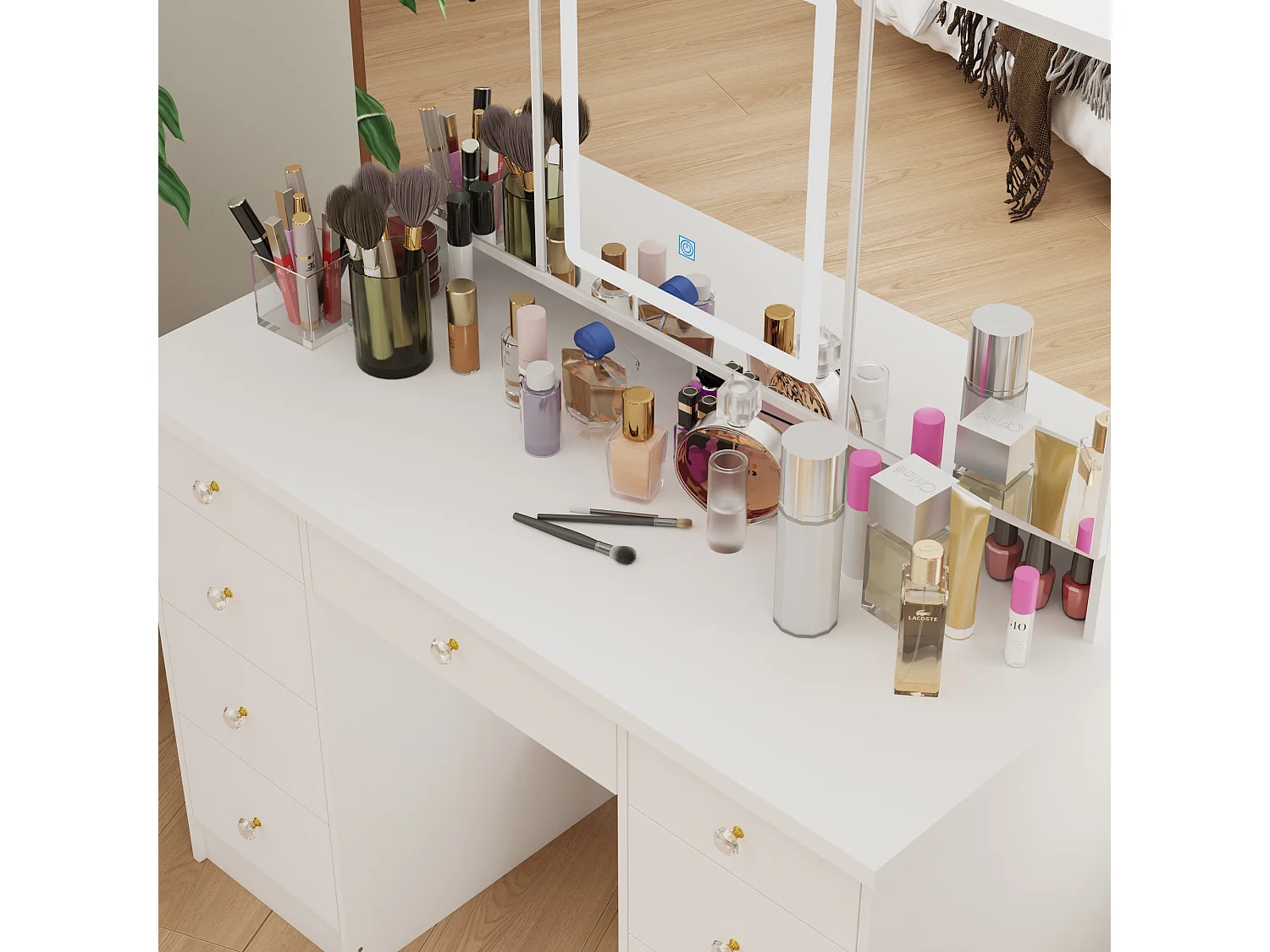 Coiffeuse avec éclairage LED et 3 miroir rectangulaire surdimensionné,Poignée en cristal,50x110x137cm,Blanc