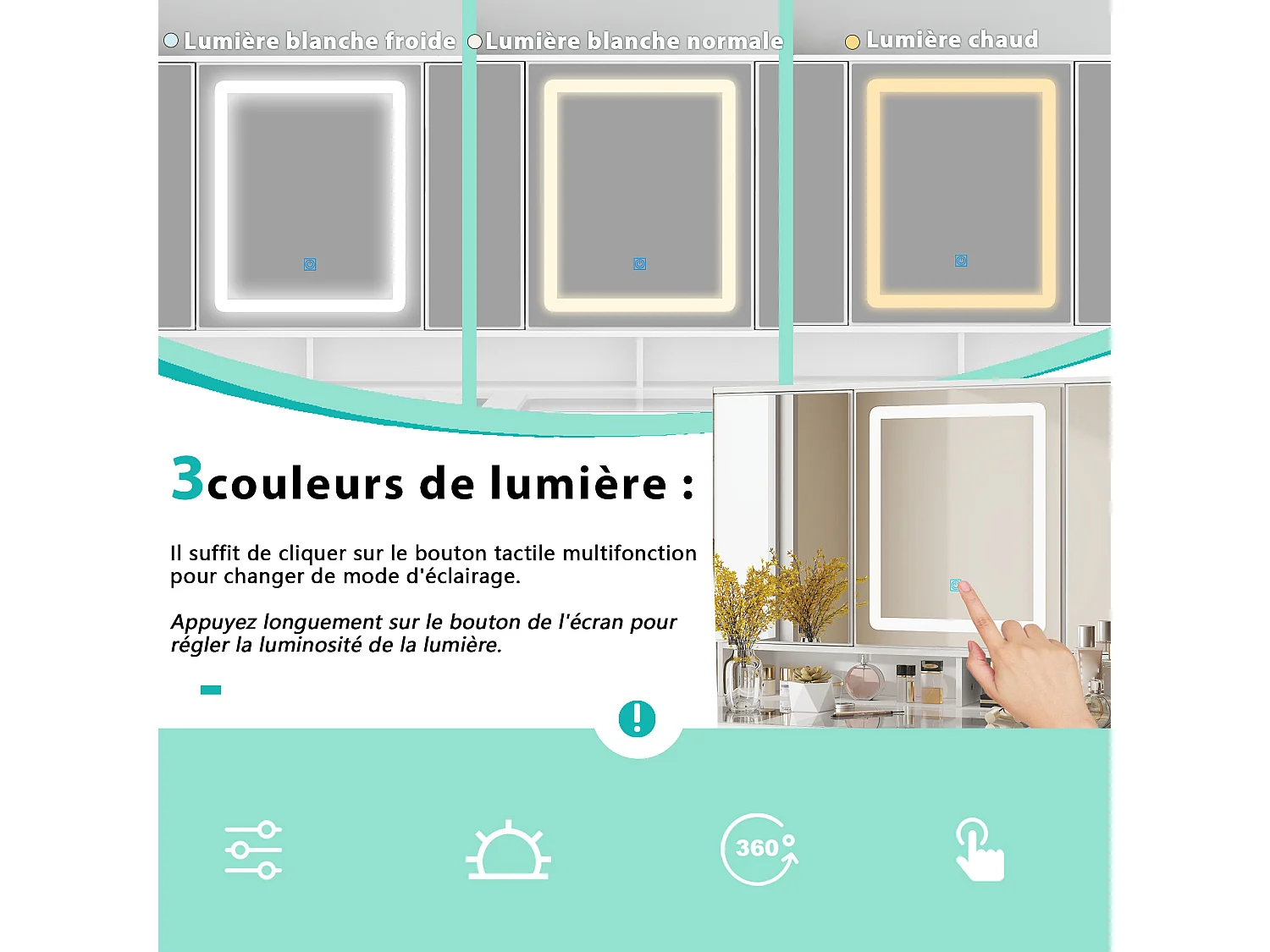 Coiffeuse avec éclairage LED et 3 miroir rectangulaire surdimensionné,Poignée en cristal,50x110x137cm,Blanc