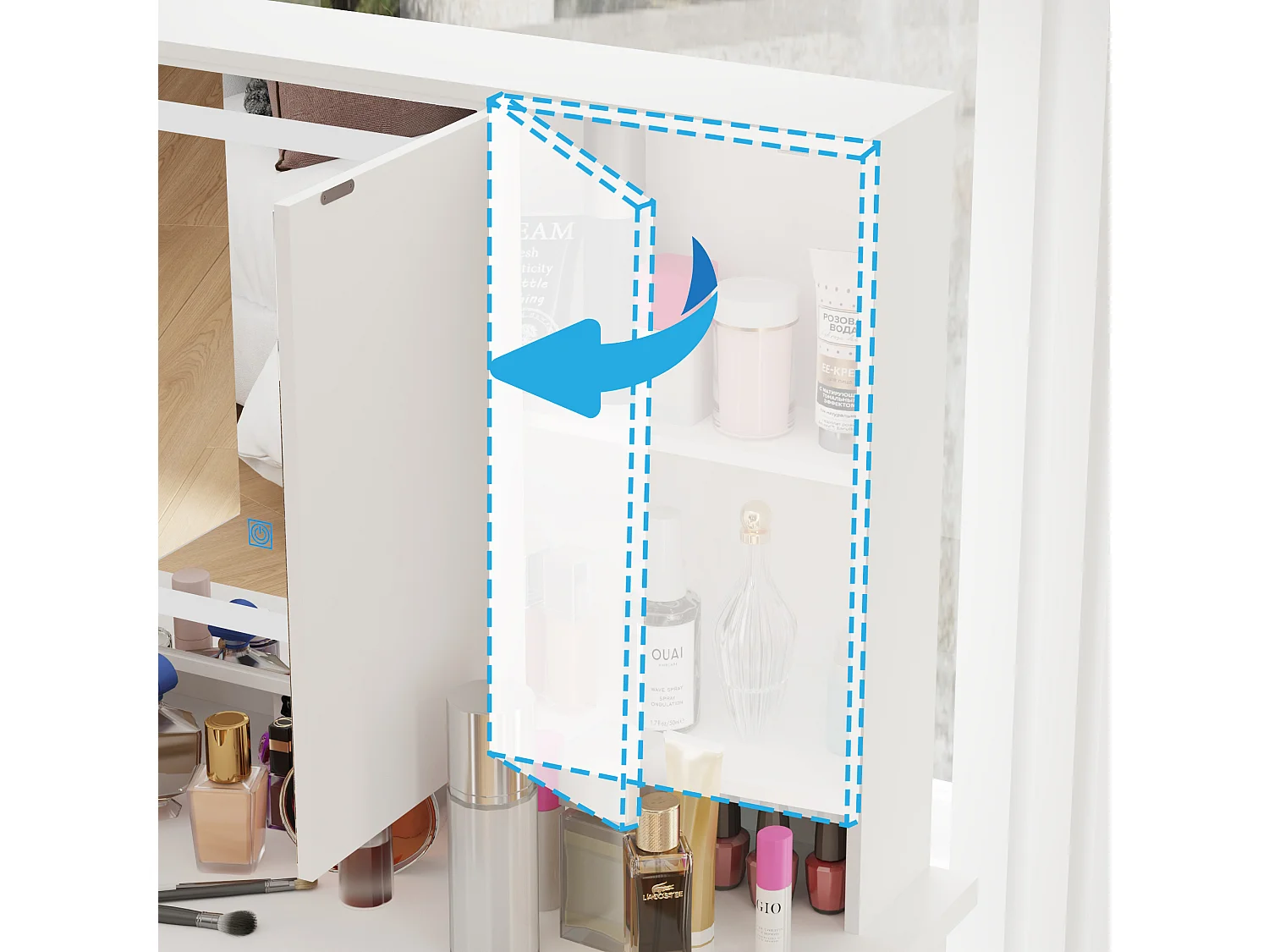 Coiffeuse avec éclairage LED et 3 miroir rectangulaire surdimensionné,Poignée en cristal,50x110x137cm,Blanc