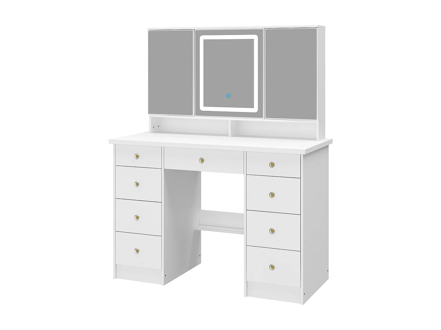 Coiffeuse avec éclairage LED et 3 miroir rectangulaire surdimensionné,Poignée en cristal,50x110x137cm,Blanc