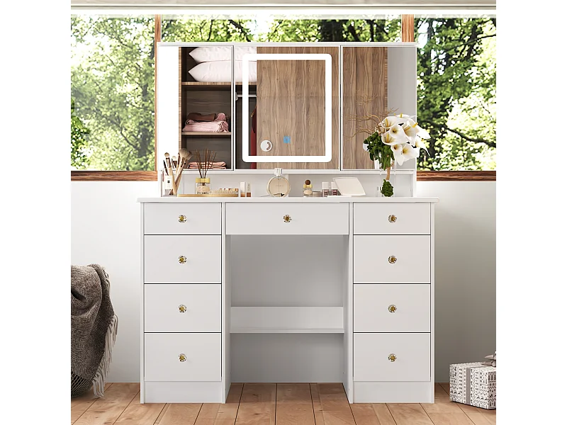 Coiffeuse avec éclairage LED et 3 miroir rectangulaire surdimensionné,Poignée en cristal,50x110x137cm,Blanc