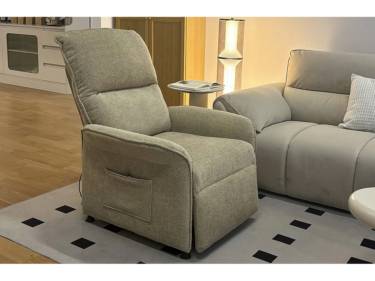 Fauteuil de relaxation électrique relevable avec massage en tissu coloris beige sable - Longueur 84 x profondeur 82 x hauteur 102 cm