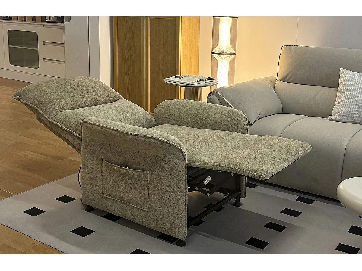 Fauteuil de relaxation électrique relevable avec massage en tissu coloris beige sable - Longueur 84 x profondeur 82 x hauteur 102 cm
