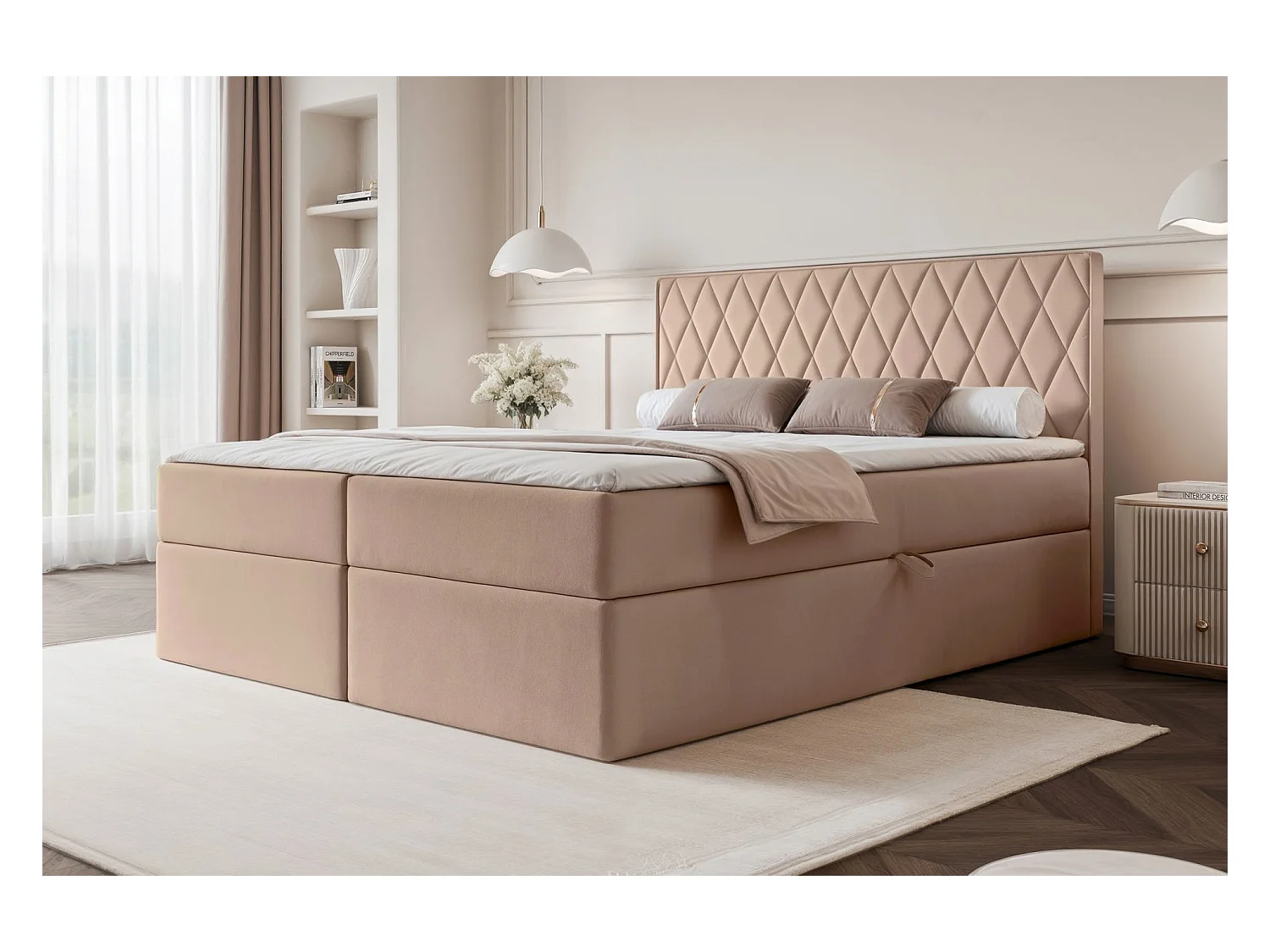Lit continental - 160x200 cm - en tissu velours beige - CARENZO