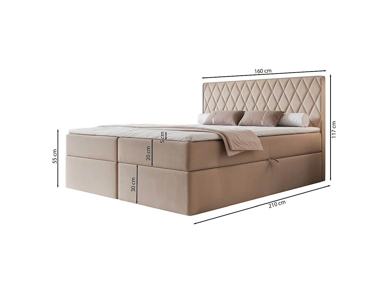 Lit continental - 160x200 cm - en tissu velours gris - CARENZO