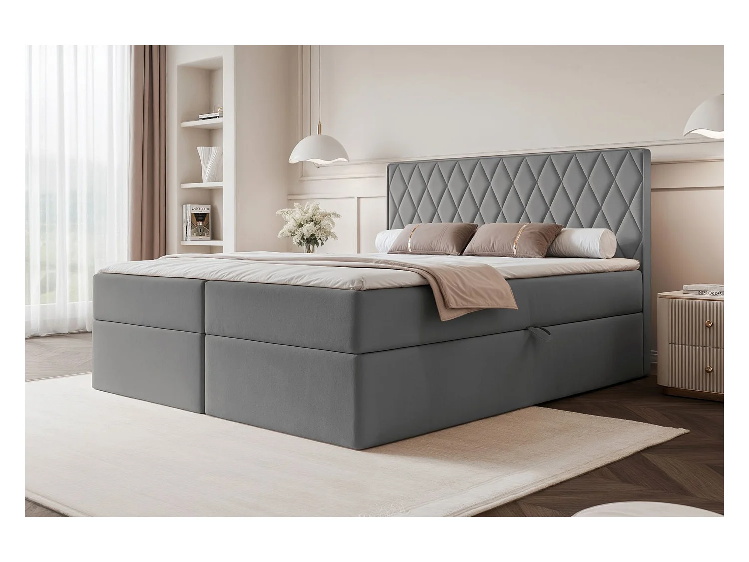 Continentaal bed - 160x200 cm - in blauwgrijze fluwelen stof - CARENZO