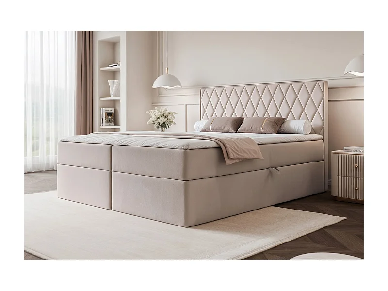 Lit continental - 160x200 cm - en tissu velours grége - CARENZO