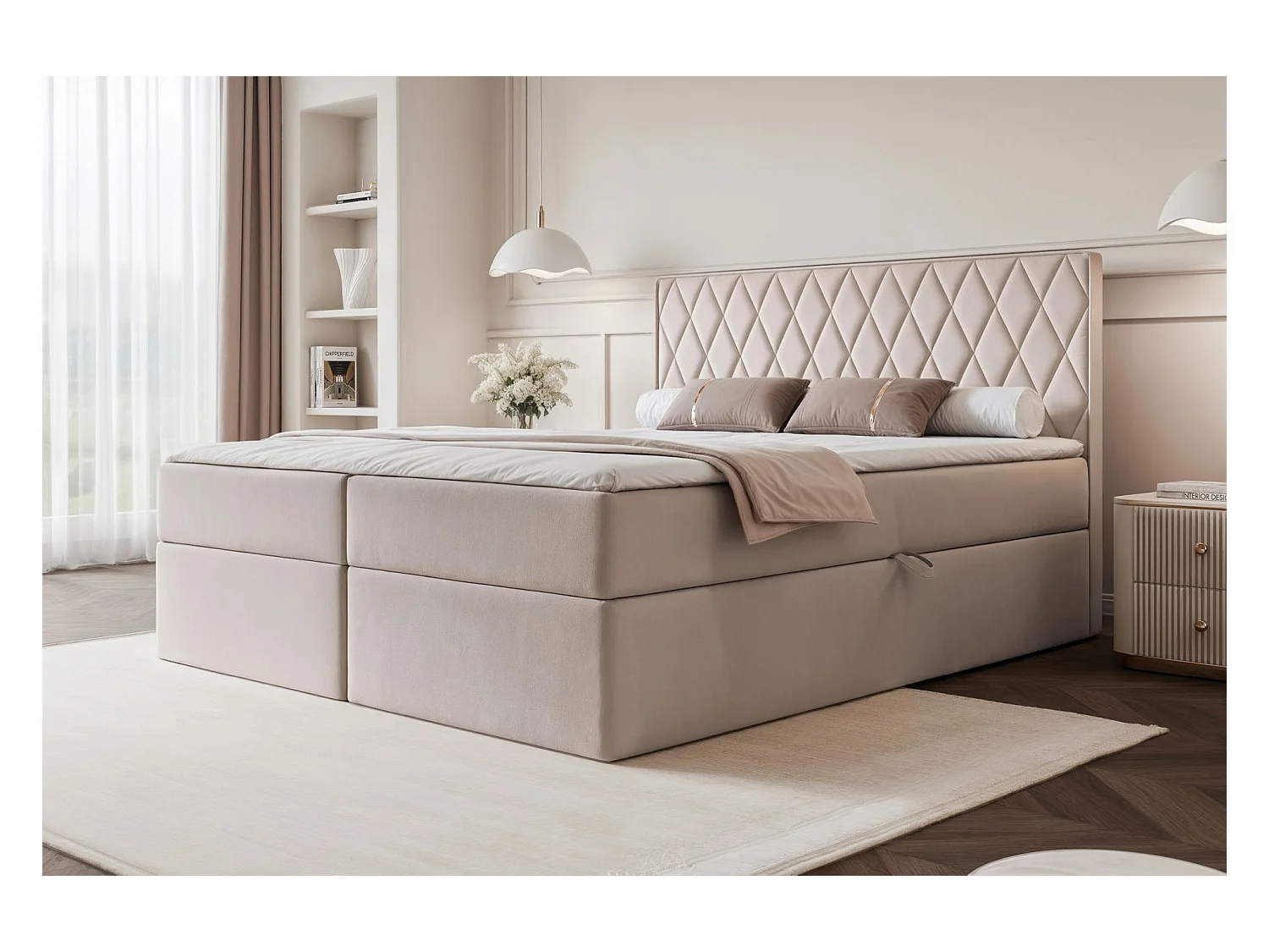 Lit continental - 160x200 cm - en tissu velours grége - CARENZO