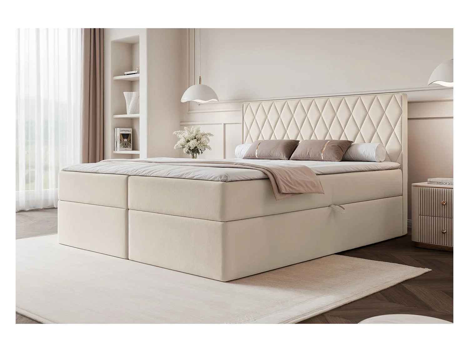 Lit continental - 160x200 cm - en tissu velours beige clair - CARENZO