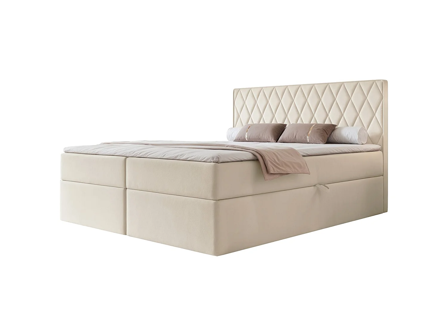Lit continental - 160x200 cm - en tissu velours beige clair - CARENZO