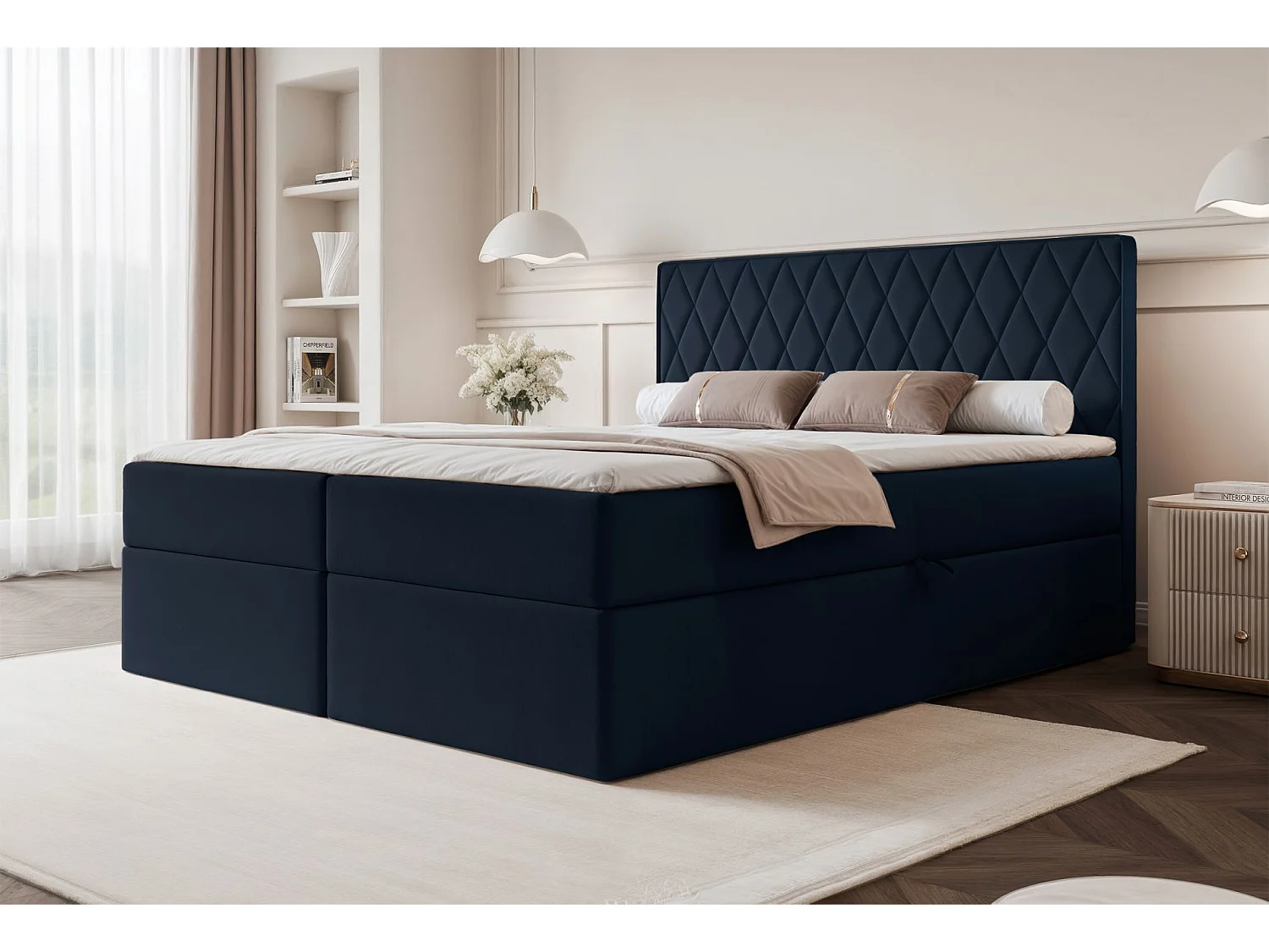 Continentaal bed - 160x200 cm - in marineblauwe fluwelen stof - CARENZO