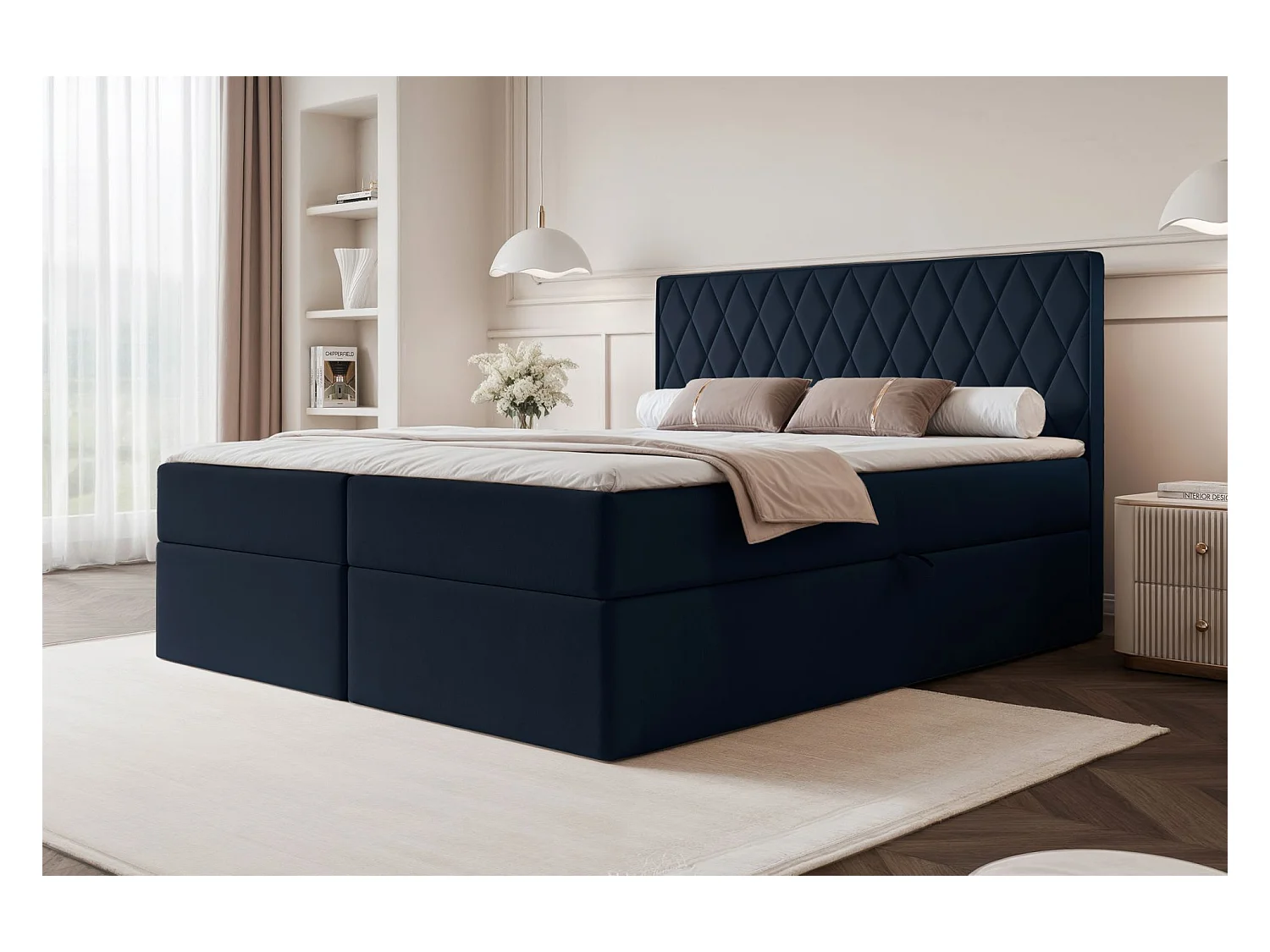 Lit continental - 160x200 cm - en tissu velours marine - CARENZO