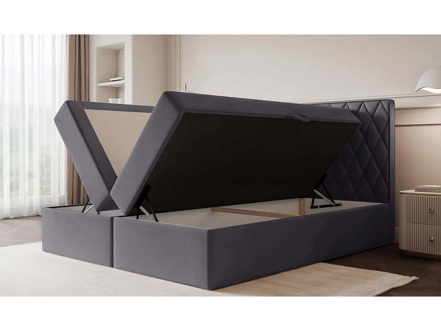 Lit continental - 140x200 cm - en tissu velours gris - CARENZO