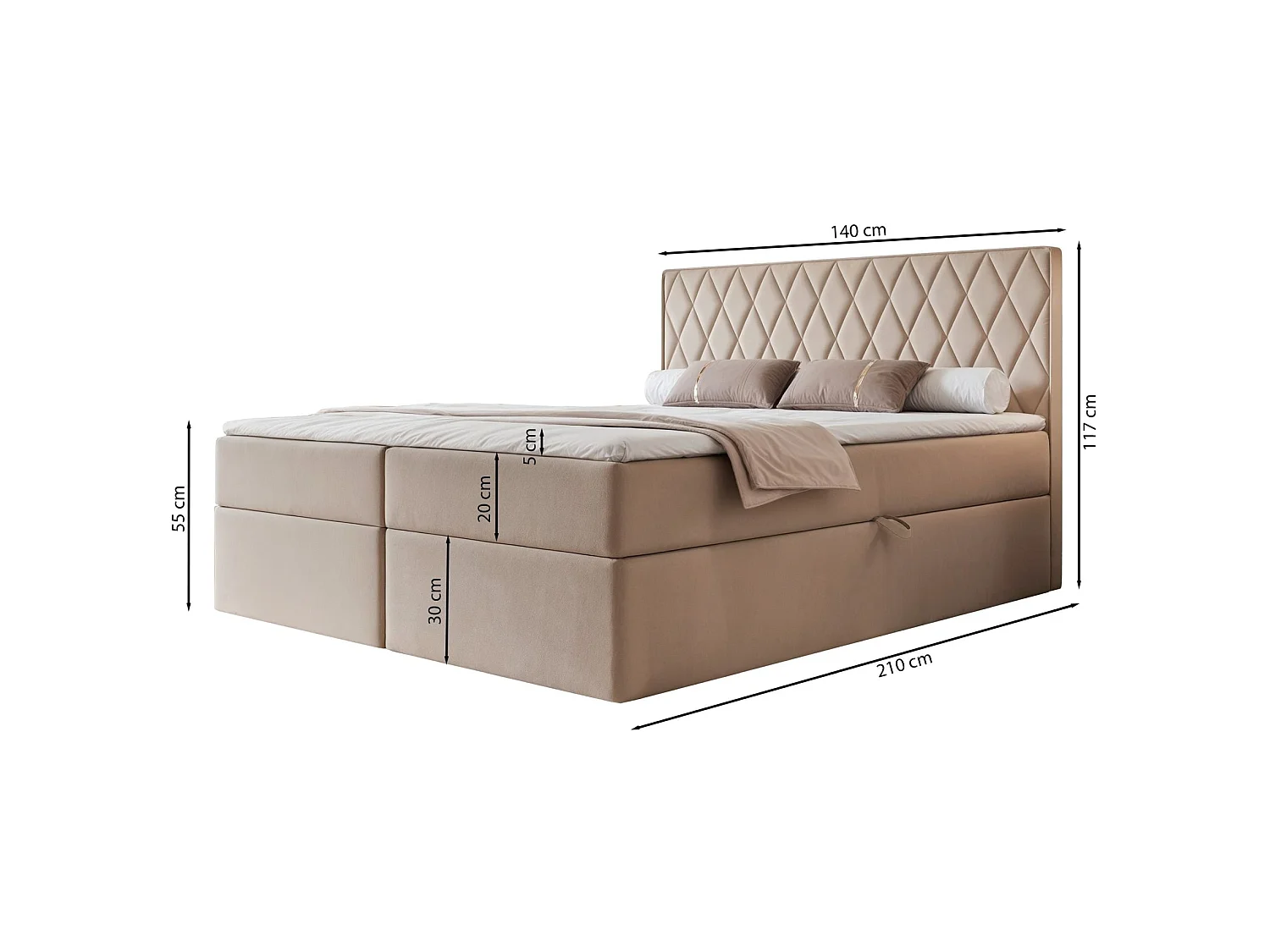 Lit continental - 140x200 cm - en tissu velours gris - CARENZO