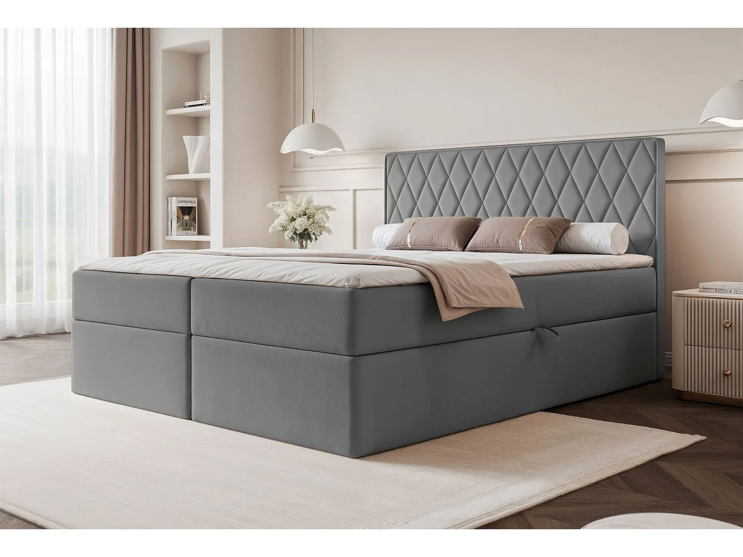 Lit continental - 180x200 cm - en tissu velours bleu gris - CARENZO