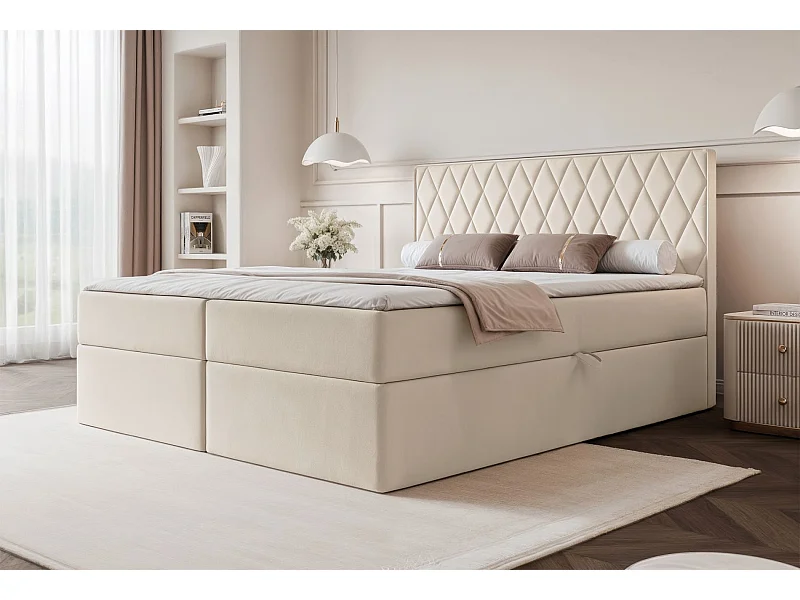 Lit continental - 140x200 cm - en tissu velours beige clair - CARENZO