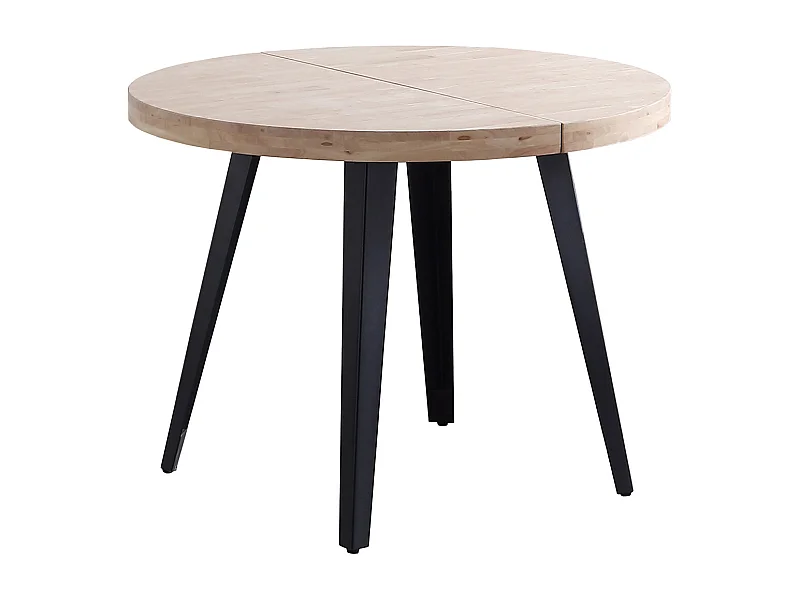 Table à manger, table de repas ronde extensible en bois coloris chêne nordique, pieds en métal coloris noir  - diamètre 120-200 x hauteur 76 cm
