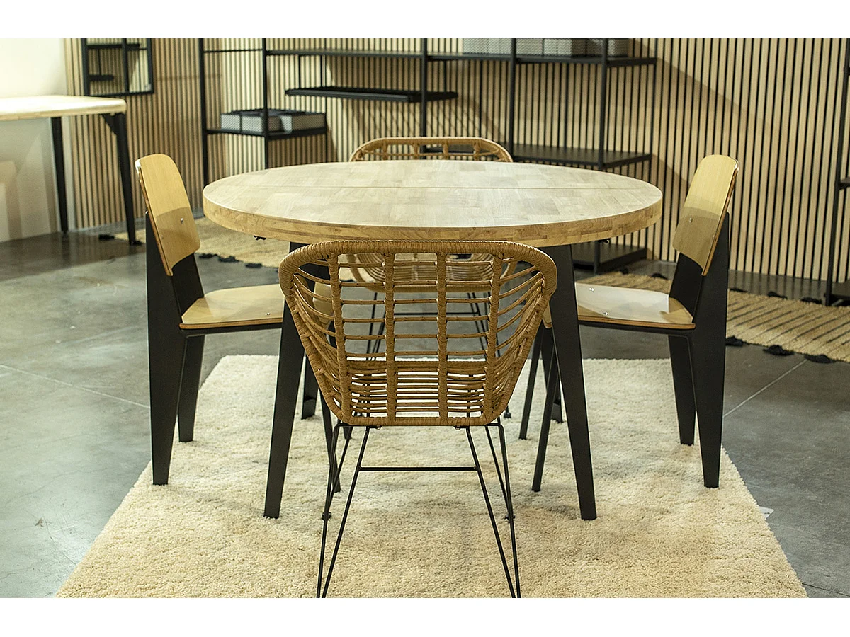 Table à manger, table de repas ronde extensible en bois coloris chêne nordique, pieds en métal coloris noir  - diamètre 120-200 x hauteur 76 cm