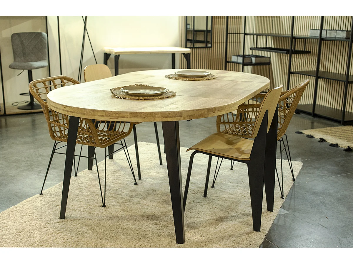 Table à manger, table de repas ronde extensible en bois coloris chêne nordique, pieds en métal coloris noir  - diamètre 120-200 x hauteur 76 cm
