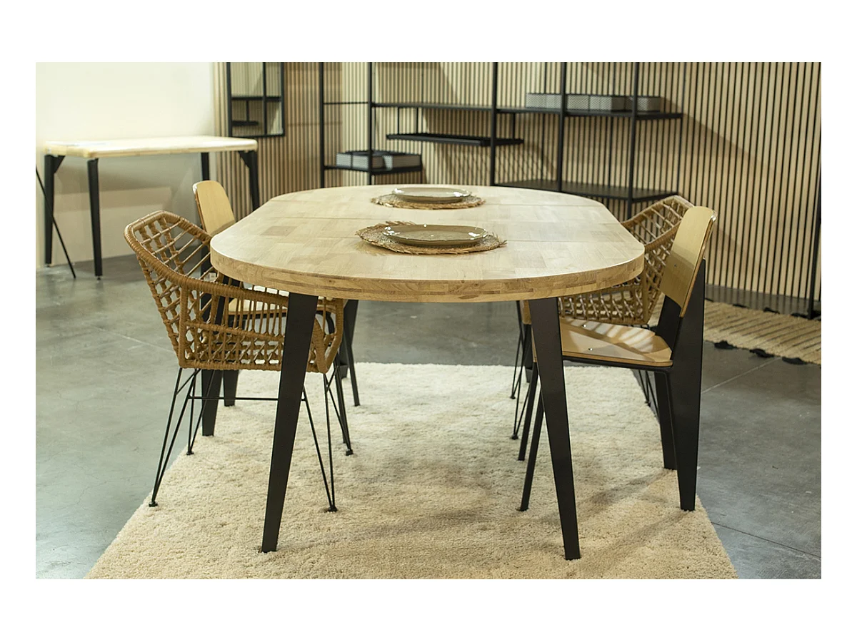 Table à manger, table de repas ronde extensible en bois coloris chêne nordique, pieds en métal coloris noir  - diamètre 120-200 x hauteur 76 cm