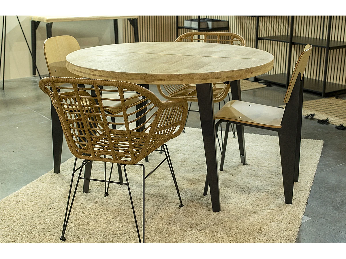 Table à manger, table de repas ronde extensible en bois coloris chêne nordique, pieds en métal coloris noir  - diamètre 120-200 x hauteur 76 cm
