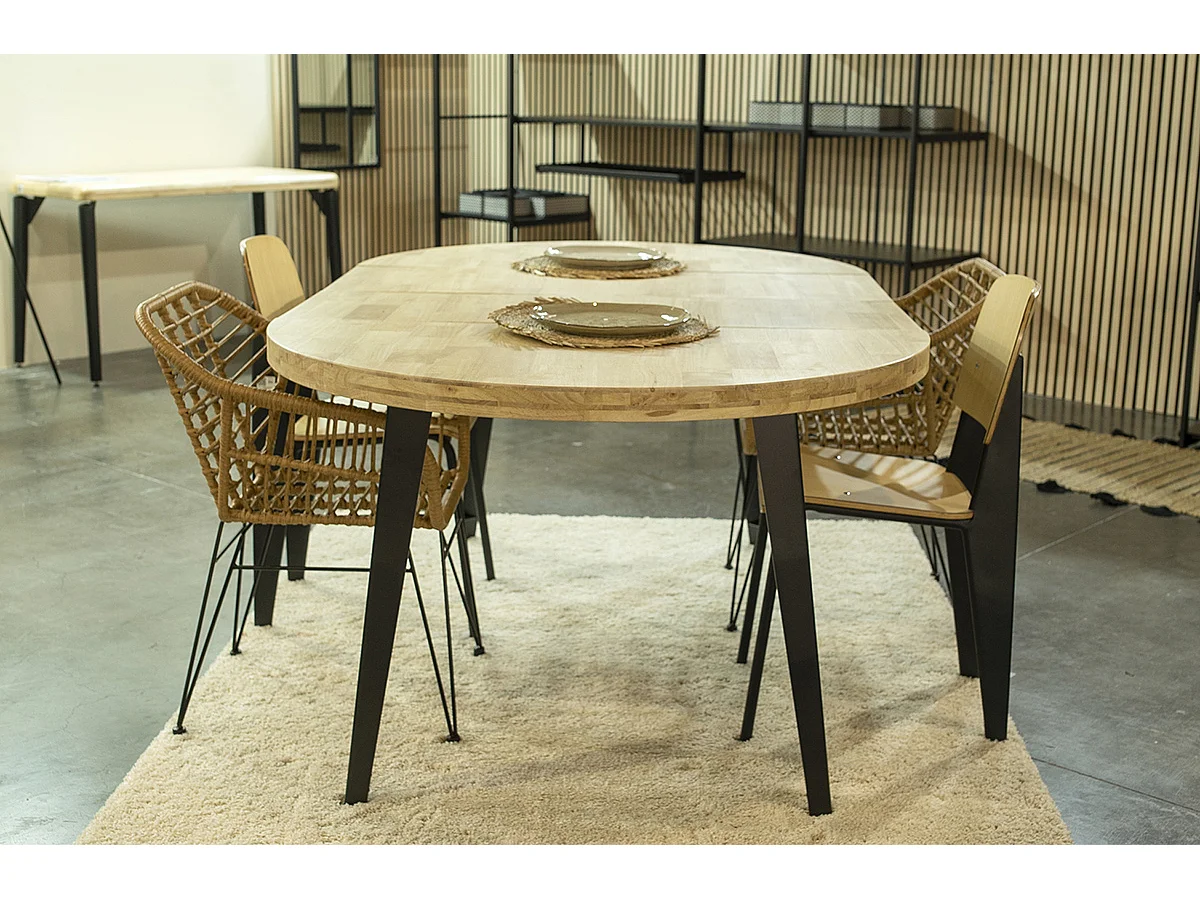 Table à manger, table de repas ronde extensible en bois coloris chêne nordique, pieds en métal coloris noir  - diamètre 120-200 x hauteur 76 cm